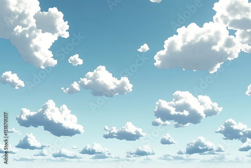 A dreamy sky with fluffy white clouds scattered across a light blue horizon.