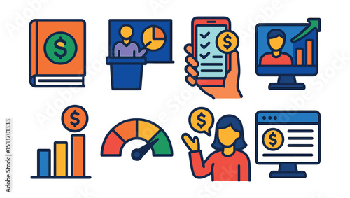 Flat vector icons of financial literacy and education: money book, financial seminar, budgeting app tutorial, investment webinar, savings goal chart, credit score meter, financial coaching, personal