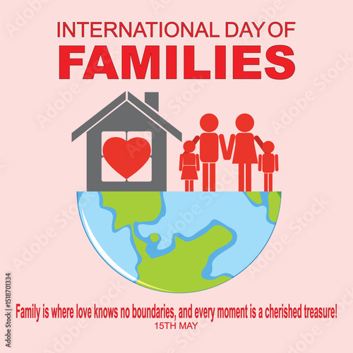 International Families day. 15th May International Families day celebration cove banner with Family of four: Mother, father, son, daughter. Embracing Diversity, Strengthening Families awareness banner