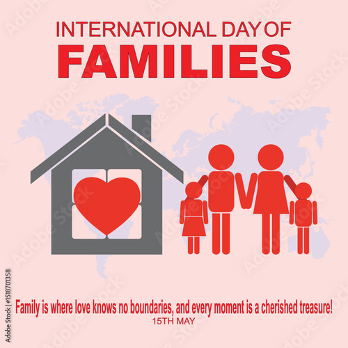 International Families day. 15th May International Families day celebration cove banner with Family of four: Mother, father, son, daughter. Embracing Diversity, Strengthening Families awareness banner