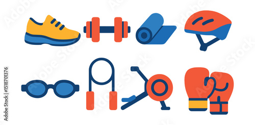 Flat vector icons of workout activities: running shoe, dumbbell, yoga mat, cycling helmet, swimming goggles, jump rope, rowing machine, boxing gloves.