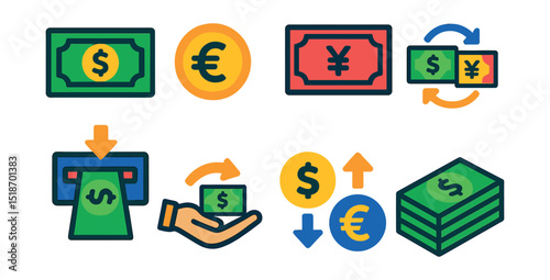 Flat vector icons of currency and cash flow: dollar bill, euro coin, yen note, cash exchange, ATM withdrawal, money transfer, currency exchange rate, cash stack.