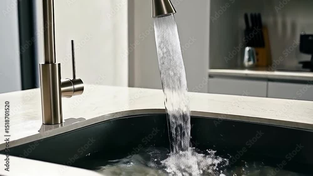 Kitchen faucet pouring water into a dark sink Kitchen faucet pouring water into a dark sink