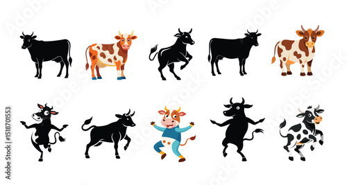 Cow vector illustration. Cow football player playing ball vector illustration. Cow dancing silhouette vector illustration.