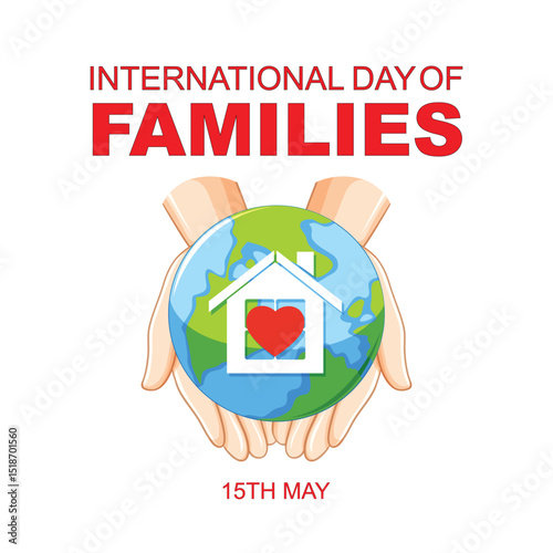 International Families day. 15th May International Families day celebration cove banner with Family of four: Mother, father, son, daughter. Embracing Diversity, Strengthening Families awareness banner