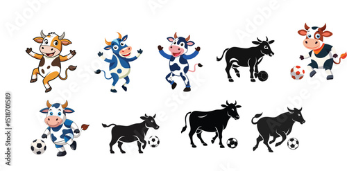 Cow vector illustration. Cow football player playing ball vector illustration. Cow silhouette vector illustration.