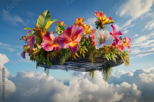 A fantasy-inspired floating island covered in giant exotic flowers, suspended in the sky.