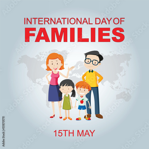International Families day. 15th May International Families day celebration cove banner with Family of four: Mother, father, son, daughter. Embracing Diversity, Strengthening Families awareness banner