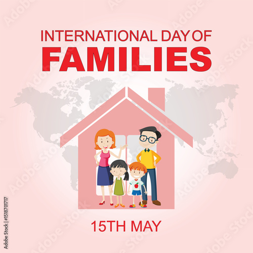 International Families day. 15th May International Families day celebration cove banner with Family of four: Mother, father, son, daughter. Embracing Diversity, Strengthening Families awareness banner