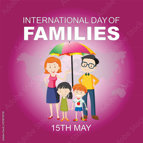 International Families day. 15th May International Families day celebration cove banner with Family of four: Mother, father, son, daughter. Embracing Diversity, Strengthening Families awareness banner