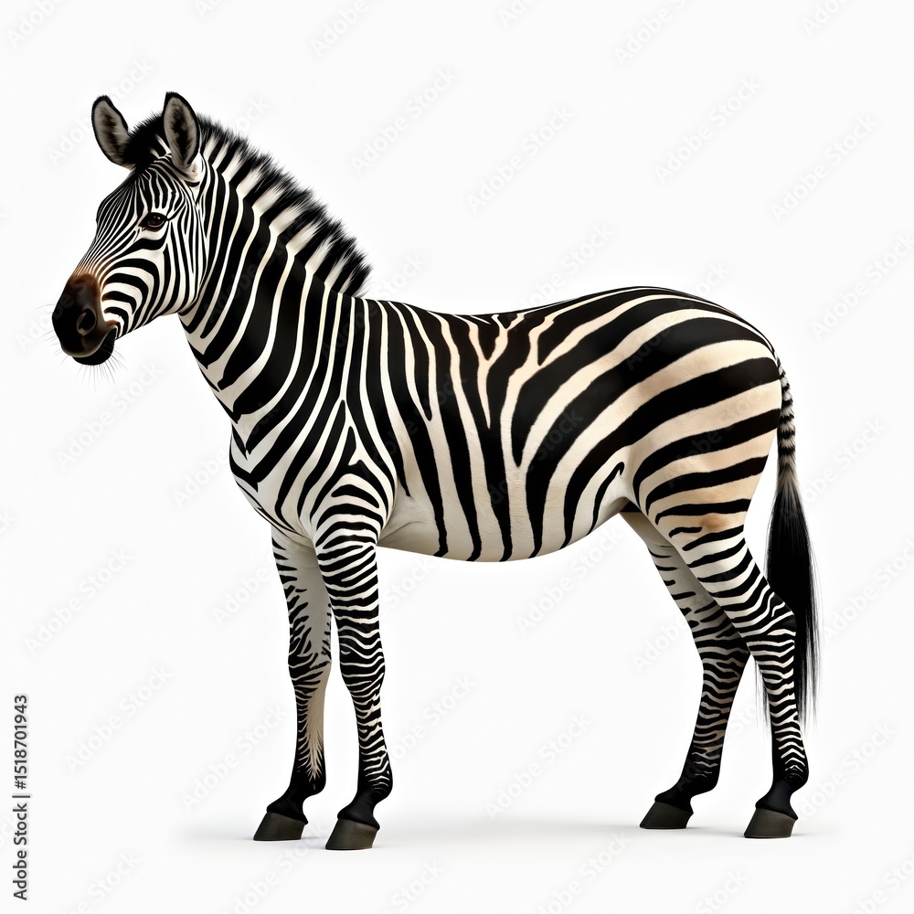 Fototapeta premium Isolated zebra stands. Black and white stripes animal. Wild african mammal. Zebra skin pattern on white background. Equus species. African safari creature.