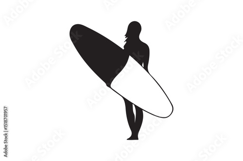 Woman carrying a surfing board silhouette on white background.