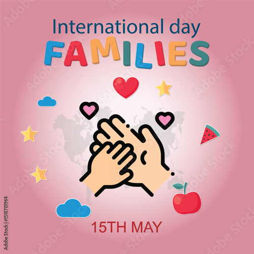International Families day. 15th May International Families day celebration cove banner with Family of four: Mother, father, son, daughter. Embracing Diversity, Strengthening Families awareness banner