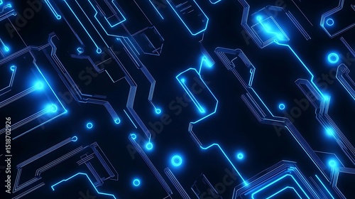 A futuristic neon blue circuit board pattern glowing against a deep navy background.