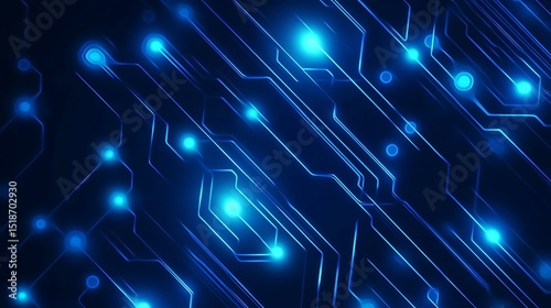 A futuristic neon blue circuit board pattern glowing against a deep navy background.