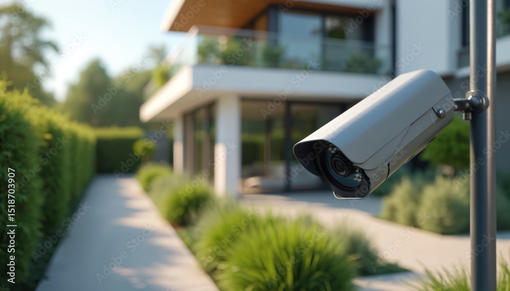Fototapeta premium Modern security camera installed outside stylish home. Surveillance system, house protection, residential safety concept. Camera records events, provides peace mind for family. Smart tech equipment,