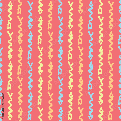 Wavy arrow repeat pattern vector. Doodle wallpaper seamlessly motif in red, yellow, blue and orange.