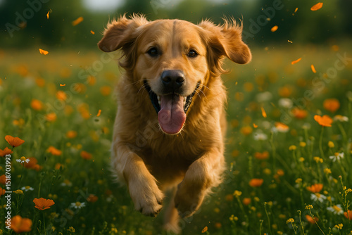 Golden retriever corriendo feliz en un campo de flores silvestres al atardecer