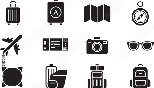  and White Travel and Tourism Icons Vector Set for Adventure and Vacation Designs