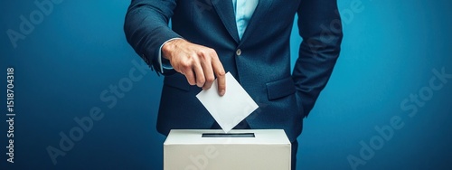 A businessman is casting a vote into a ballot box against a dark blue background.