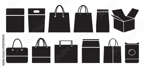 Retail packaging silhouette icon set – solid style merchandising and branding symbols for product display box, bag, hanger, stand, tray, open box, parcel
