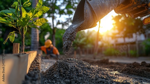 A construction worker pouring concrete at sunset, surrounded by greenery and a sapling in the foreground.