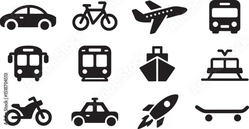 Flat Transportation Icons Set Vector Illustration, Diverse Vehicles, Travel Options, Commute, Public Transit, Private Transport