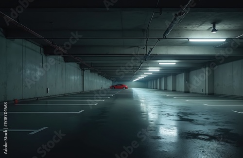 Red sports car in empty underground parking lot at night. Illuminated by neon lights, creating moody, cinematic atmosphere. Reflective wet floor, dark tones, concrete structure evoke sense of urban