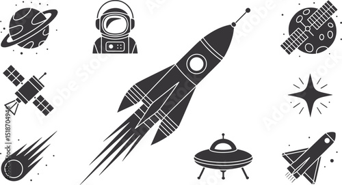 Space Exploration Silhouette Icons Vector Set for Astronomy and Science,  Background