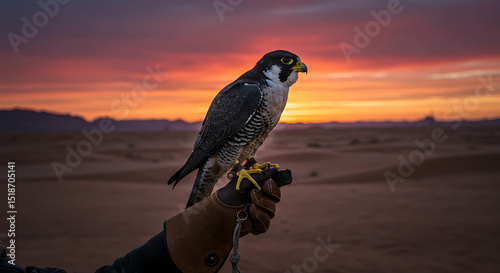 Peregrine falcon perched majestically at sunset over a stunning desert landscape