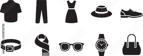 Clothing and Accessories Icons Set Flat Design Style Apparel Items Collection Isolated on  Background for Graphic Design Projects
