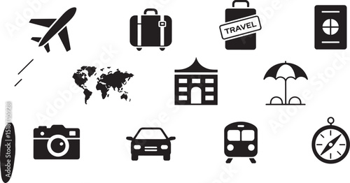 Flat Travel Icons Set on Background Adventure and Exploration Symbols for Tourism and Vacation Planning