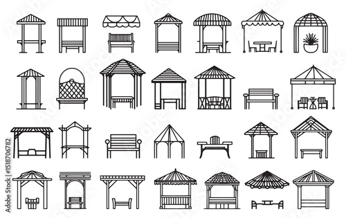 Set of line icons related to pergola, canopy, gazebo, seating, patio, trellis, shelter, arbor, Editable stroke. Vector illustration