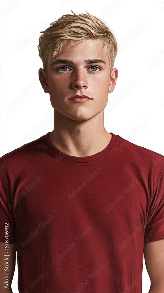 Obraz premium A blond man with short, voluminous, straight hair and blue eyes, wearing a red t-shirt, is an engineer, emotion, generative ai