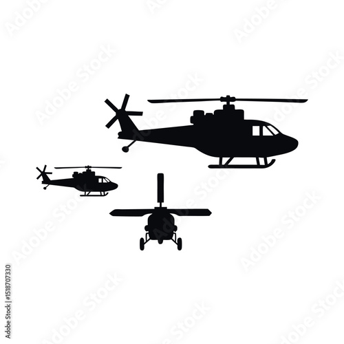 Helicopter Silhouette Vector Set – Military, Rescue, and Transport Icons,  	A collection of helicopter silhouette vectors...