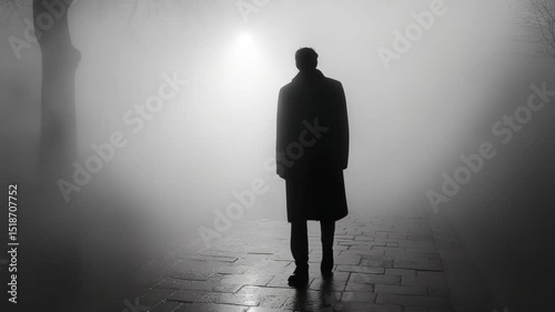 A man in a coat is walking through the fog
