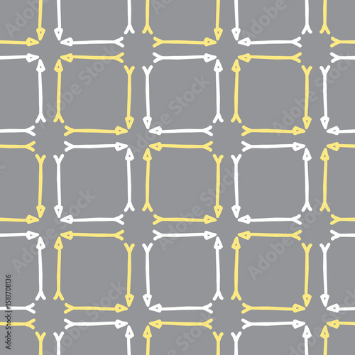 Doodle arrow seamless background pattern. Scribbled squares repeat vector wallpaper in gray, white and yellow.