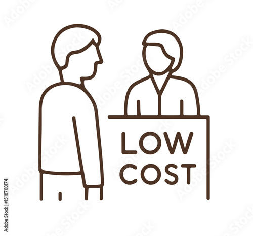 Two people at a counter discussing low cost services  