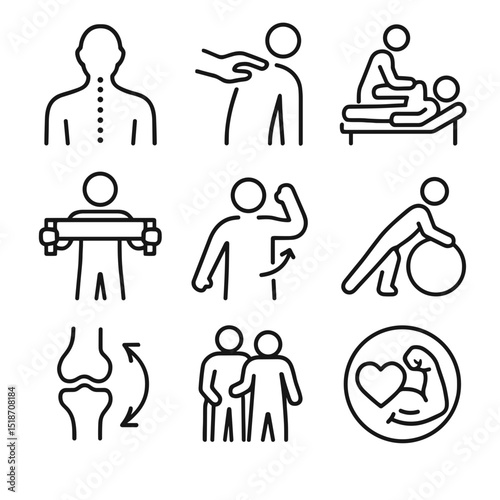 Health and wellness icons depicting physical therapy exercises and care
