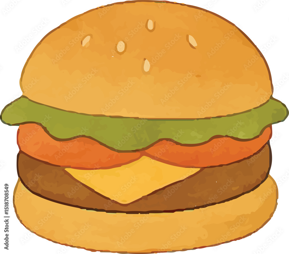 A classic American cheeseburger with a soft bun, juicy beef patty, melted cheese, fresh lettuce, and tomato. This iconic fast food delight is perfect for lunch, dinners, or casual outings, embodying c A classic American cheeseburger with a soft bun, juicy beef patty, melted cheese, fresh lettuce, and tomato. This iconic fast food delight is perfect for lunch, dinners, or casual outings, embodying c