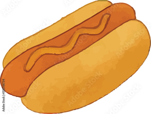 A classic American hot dog in a soft bun, topped with a zigzag of mustard. This iconic street food captures the essence of casual dining, perfect for barbecues, picnics, or a quick, tasty snack 