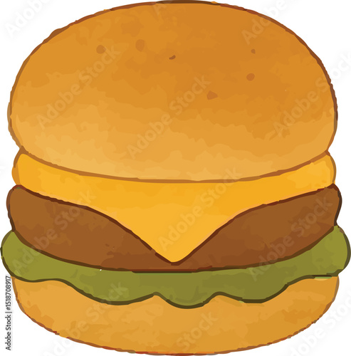 A classic American cheeseburger with a soft bun, juicy beef patty, melted cheese, fresh lettuce, and tomato. This iconic fast food delight is perfect for lunch, dinners, or casual outings, embodying c