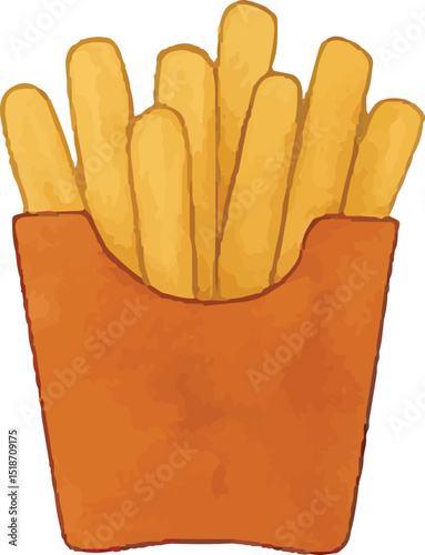 A classic American serving of golden, crispy French fries in a red carton, perfect as a side dish or snack. This fast food favorite is ideal for casual dining, parties, or a quick bite on the go