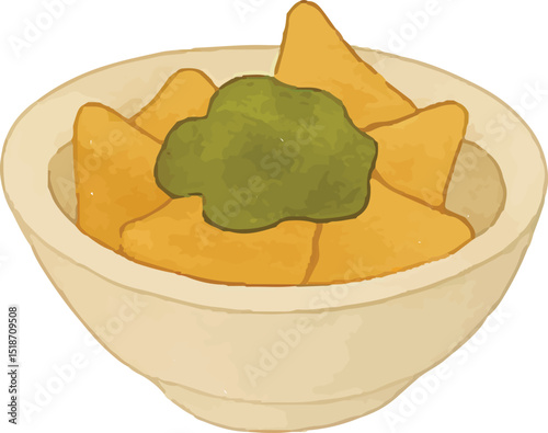 A bowl of golden tortilla chips topped with creamy green guacamole, a beloved American snack with Mexican influence. Perfect for gatherings, parties, or a quick savory treat