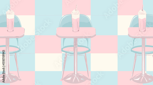 Retro diner vector illustration with pastel checkered floor and milkshake on background for design