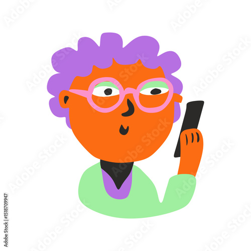 Elderly Woman with Purple Hair and Glasses Using Smartphone – Naive Flat Vector SVG on Transparent Background for Tech Literacy Apps, Family Communication Campaigns, and Educational Content 