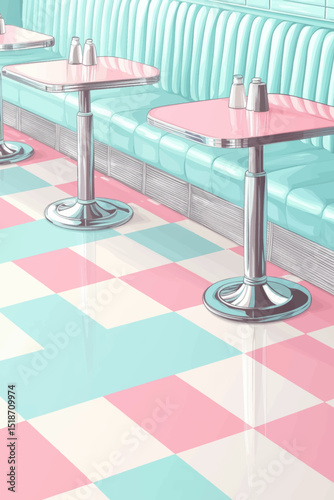 Retro diner vector illustration with pastel checkered floor and milkshake on background for design