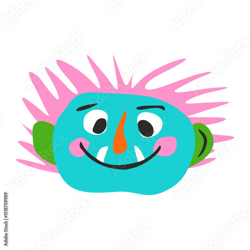 Smiling Blue Troll with Spiky Pink Hair and Big Ears in Naive Flat Vector SVG on Transparent Background – Fantasy Creature Icon for Games, Kids’ Books, and Monster-Themed Projects