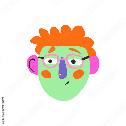 Curious Green-Faced Character with Red Hair and Glasses in Naive Flat Vector SVG on Transparent Background – Diverse Icon for Dialogue Apps, Emotion Charts, and Character Design Projects