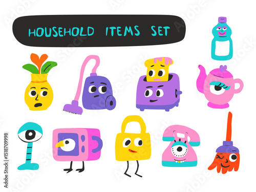 Funny Cartoon Household Items with Faces – Naive Flat Vector SVG on Transparent Background for Children’s Educational Materials, Interactive Games, and Home Chore Apps